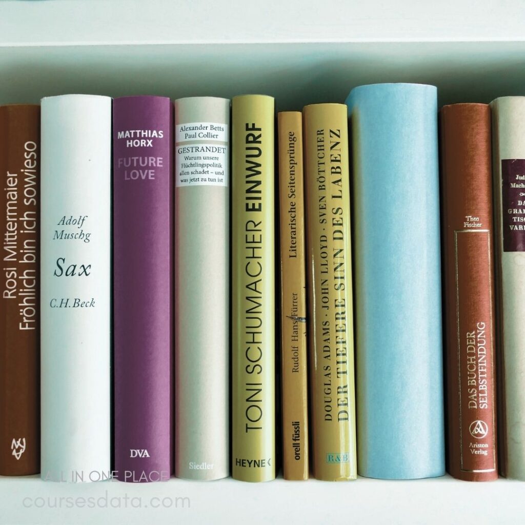 Books lined on shelf. Various colors and sizes. Titles include "Future Love." "Einwurf" prominently featured. Includes authors' names and details.