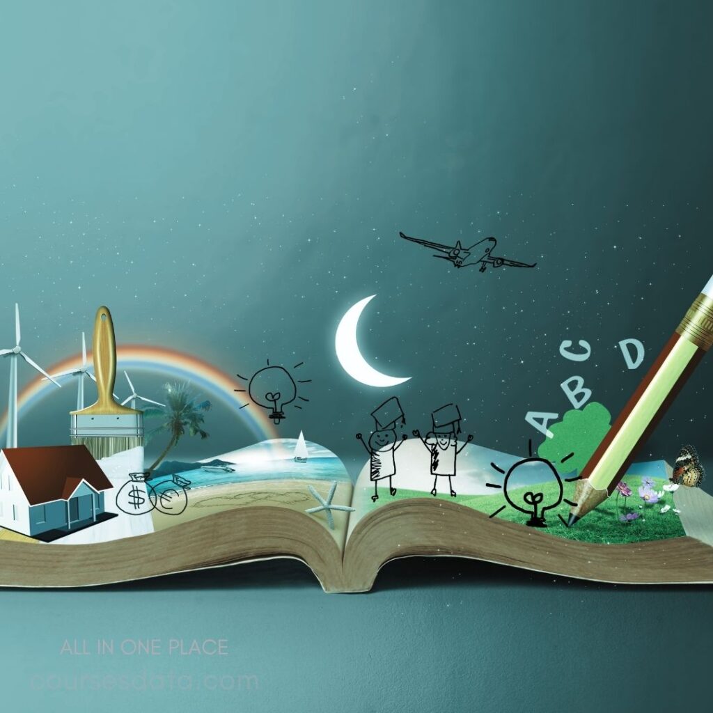 Open book with illustrations. Doodles of graduates celebrating. Pencil drawing on pages. Wind turbines and palm trees. Moon and airplane in sky. Colorful rainbow in background.