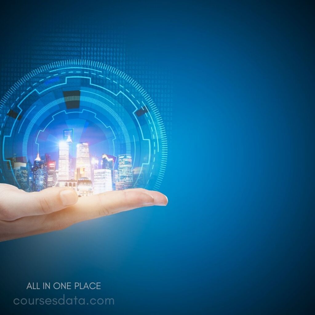 Hand holding digital cityscape. Futuristic circular elements. Blue gradient background. Text: "ALL IN ONE PLACE".