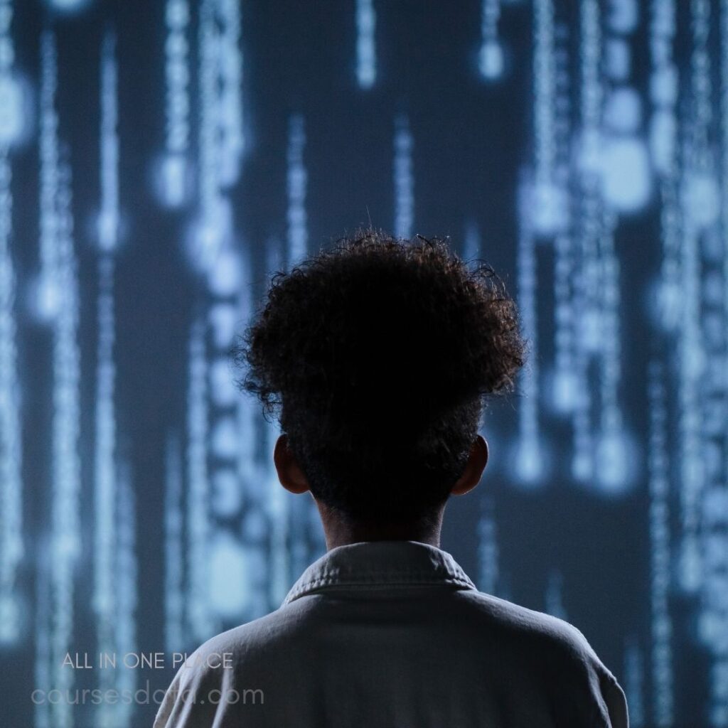 Child viewing digital projections. Matrix-style code animations. Dark room with illuminated background. Curly hair, white shirt visible. Futuristic and contemplative atmosphere.