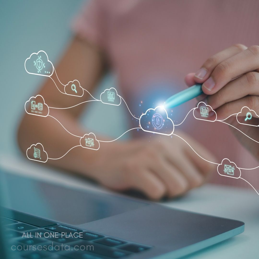 Hand holding pen, cloud icons. Laptop keyboard, digital connections. Glowing light effects, modern technology. "All in one place" text.