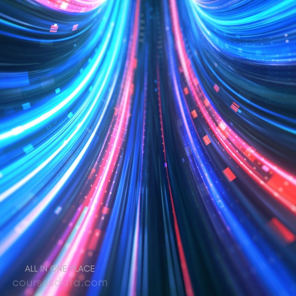 Colorful light trails flowing. Bright blue and pink hues. Dynamic digital abstract background. Illuminated streaks of light. Futuristic design elements present.