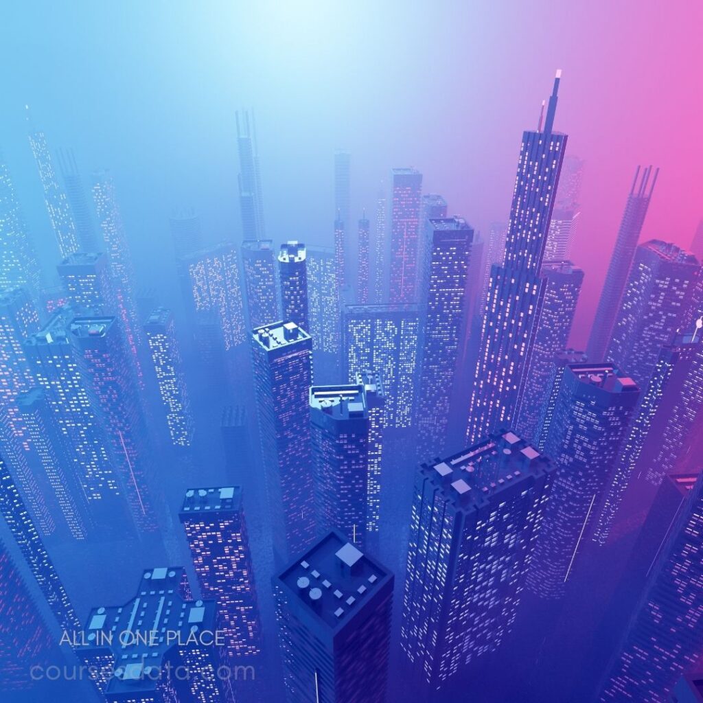 Futuristic cityscape at dusk. Tall skyscrapers with vibrant lights. Mist creating a mysterious atmosphere. Blues and pinks blend seamlessly.