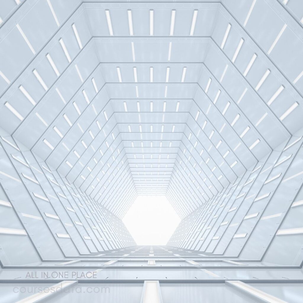 Modern geometric architecture perspective. Bright white lighting feature. Futuristic, clean lines throughout. Hexagonal shape at the end. Minimalist design elements present.