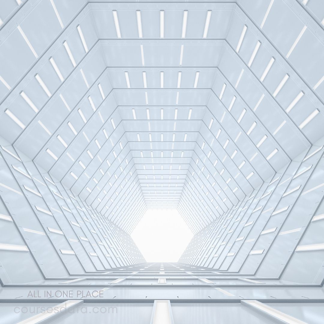 Modern geometric architecture perspective. Bright white lighting feature. Futuristic, clean lines throughout. Hexagonal shape at the end. Minimalist design elements present.