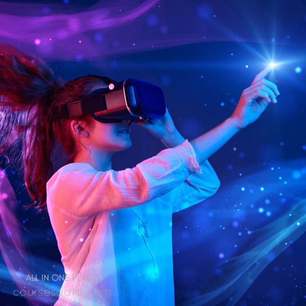 Person wearing VR headset. Reaching out with hand. Colorful, cosmic background lighting. Long, flowing hair visible. Engaged in virtual reality experience.