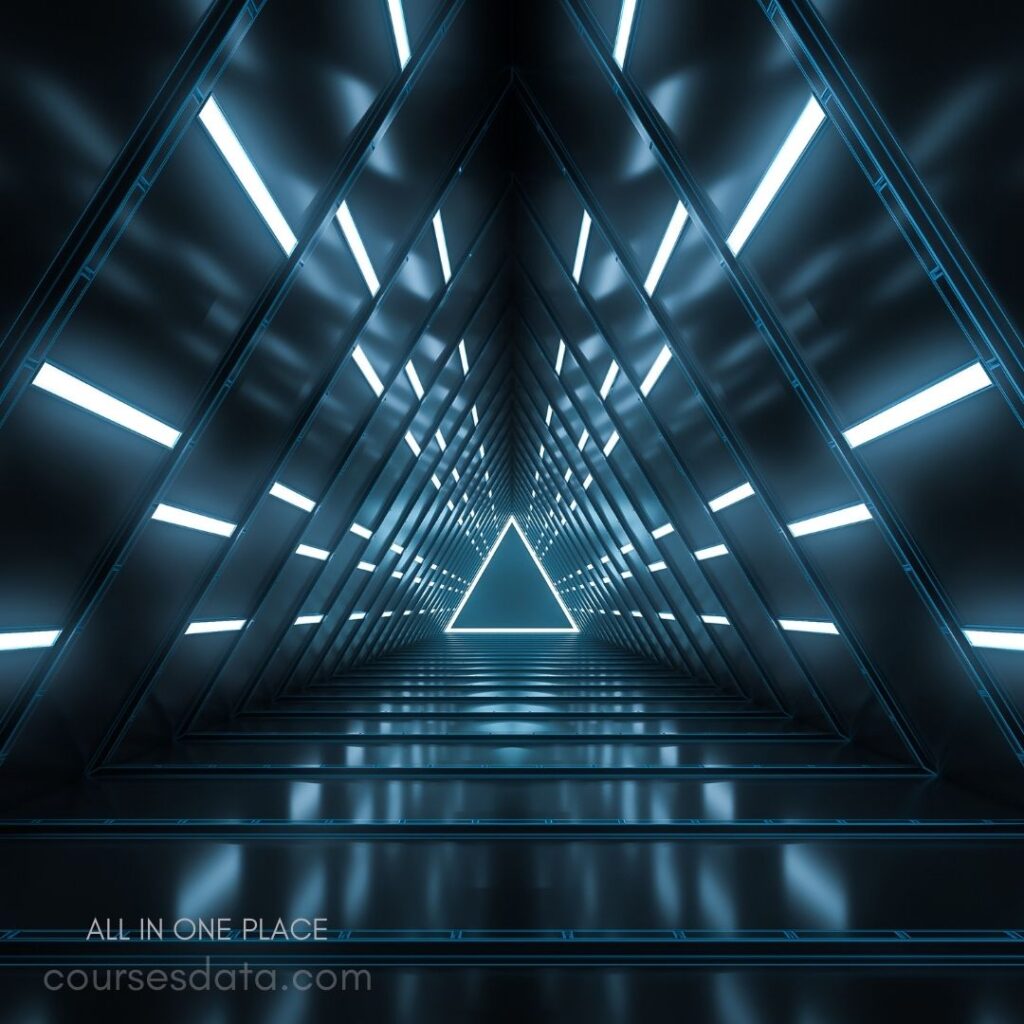 Futuristic triangular tunnel design. Bright blue light accents. Glossy reflective floor surface. Vanishing point at center. Minimalist digital aesthetic.