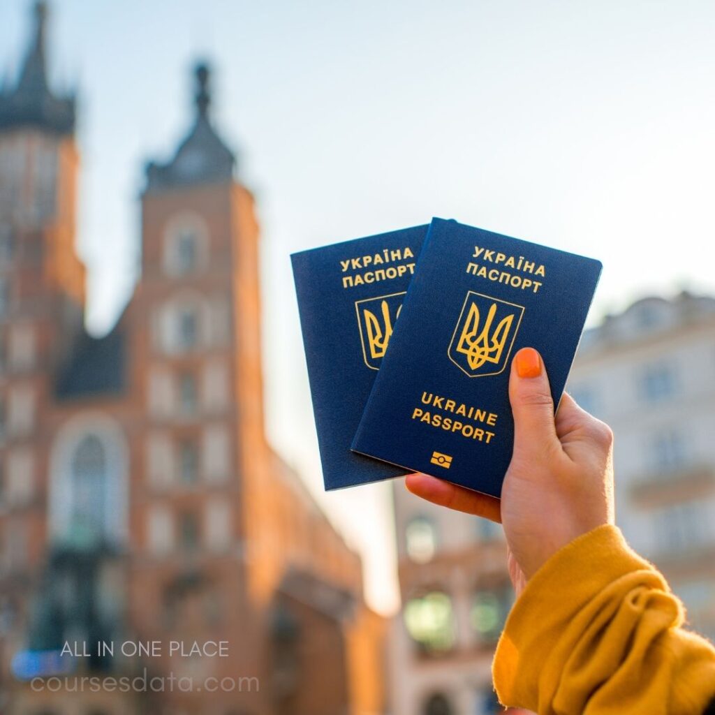 Ukrainian passports held aloft. Sunset background, historic buildings. Hand wearing orange nail polish. Blue covers with gold accents. "Ukraine Passport" text visible.