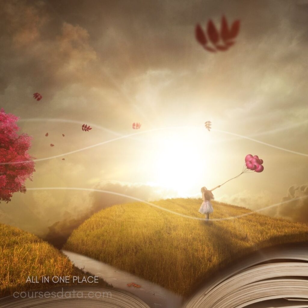 Girl with balloons, golden fields. Vibrant pink tree, glowing sunset. Open book, whimsical landscape. Leaves drifting, serene atmosphere. Dreamlike journey, feeling of wonder.