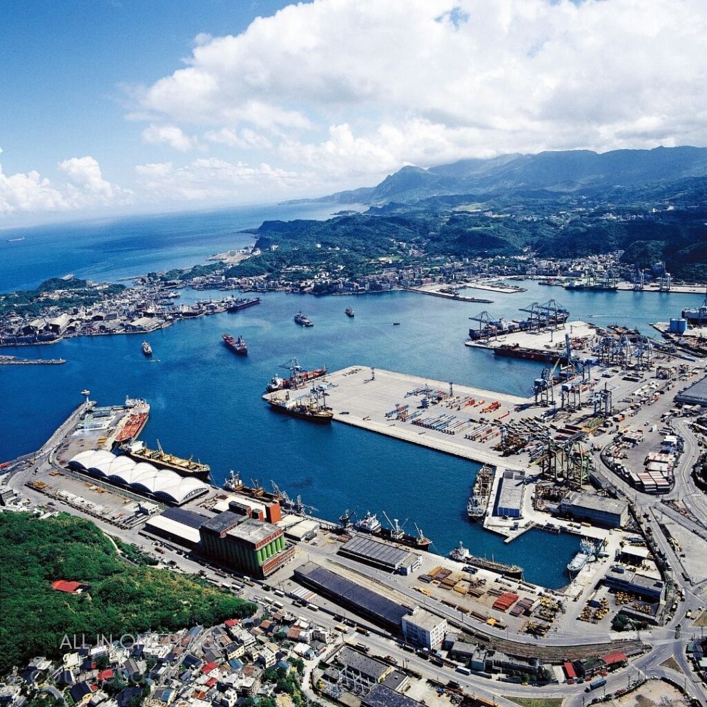 Aerial view of busy harbor.