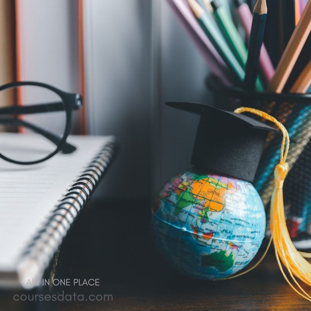 Globe with graduation cap, stationery.