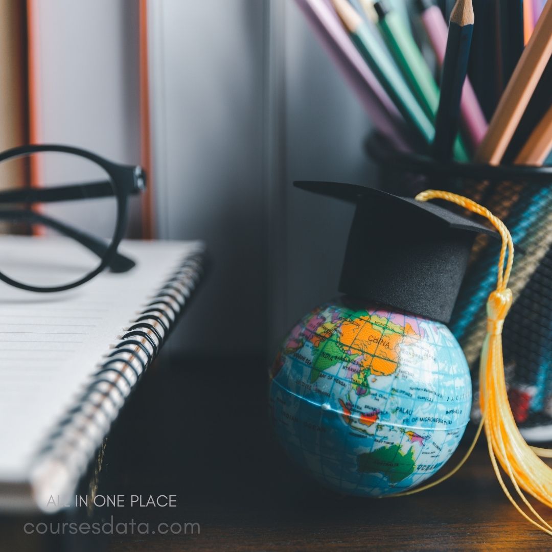 Globe with graduation cap, stationery.