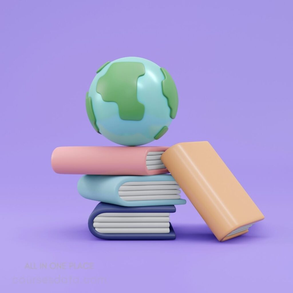 Colorful globe atop stacked books.