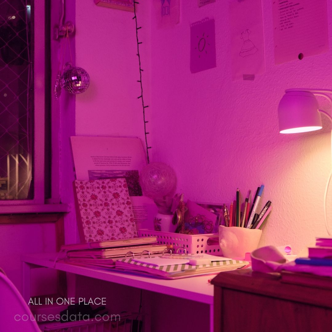 Cozy desk with colorful decor.