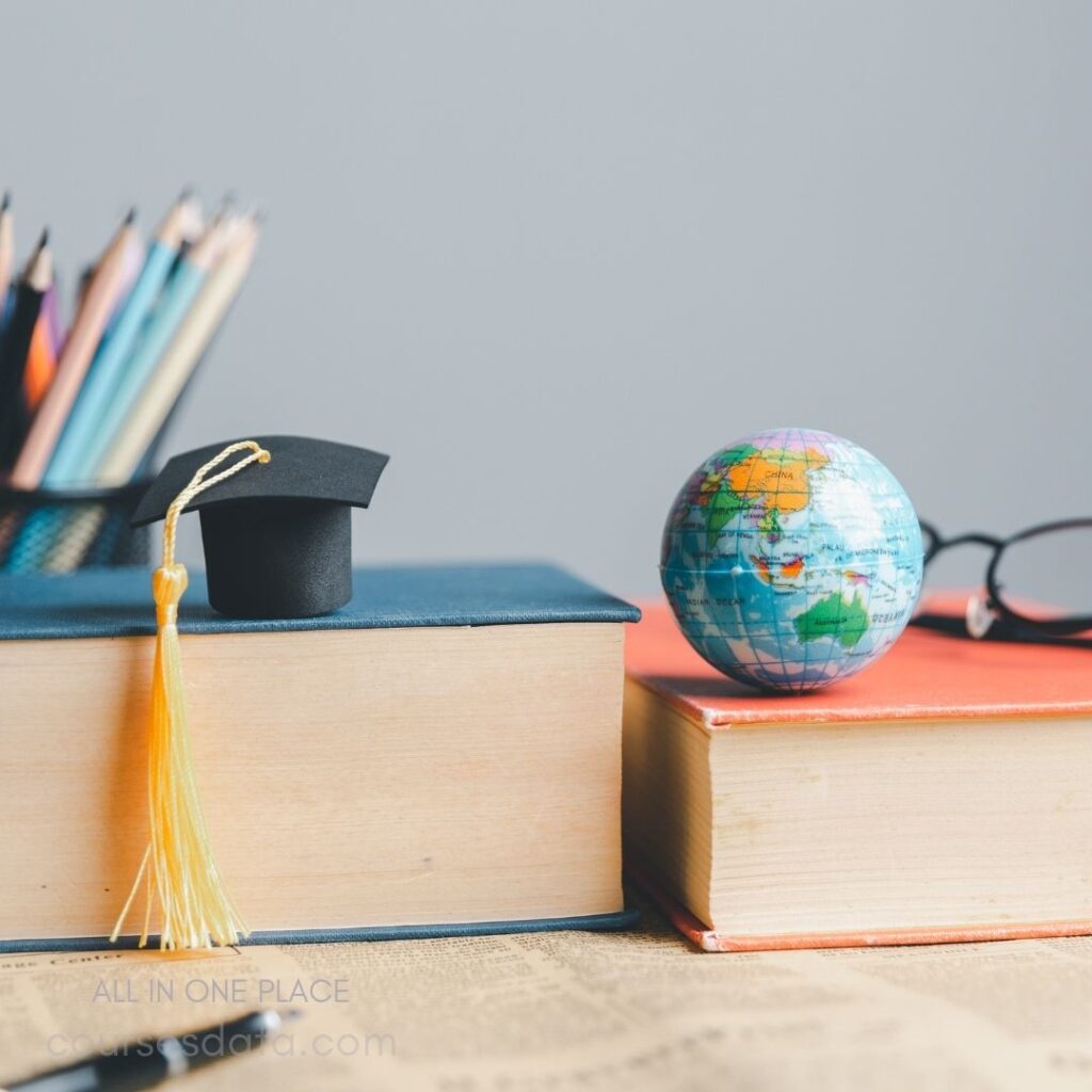 Graduation cap, books, globe scene.