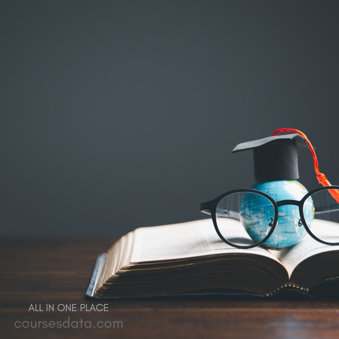 Globe, glasses, book, graduation cap.