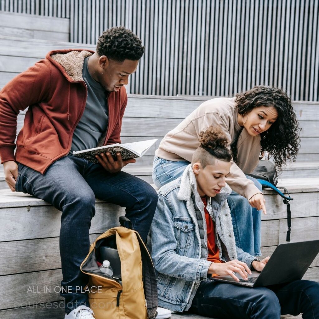 Students studying together outdoors.