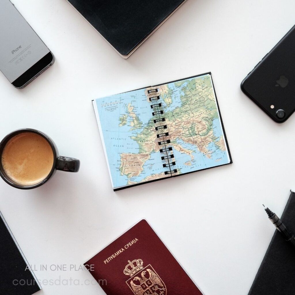 Coffee, map, passport, smartphone, notebook.