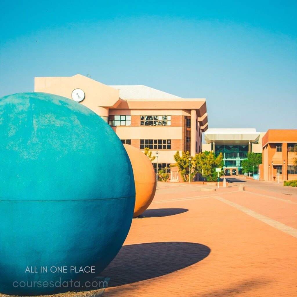 Colorful spheres in campus setting.