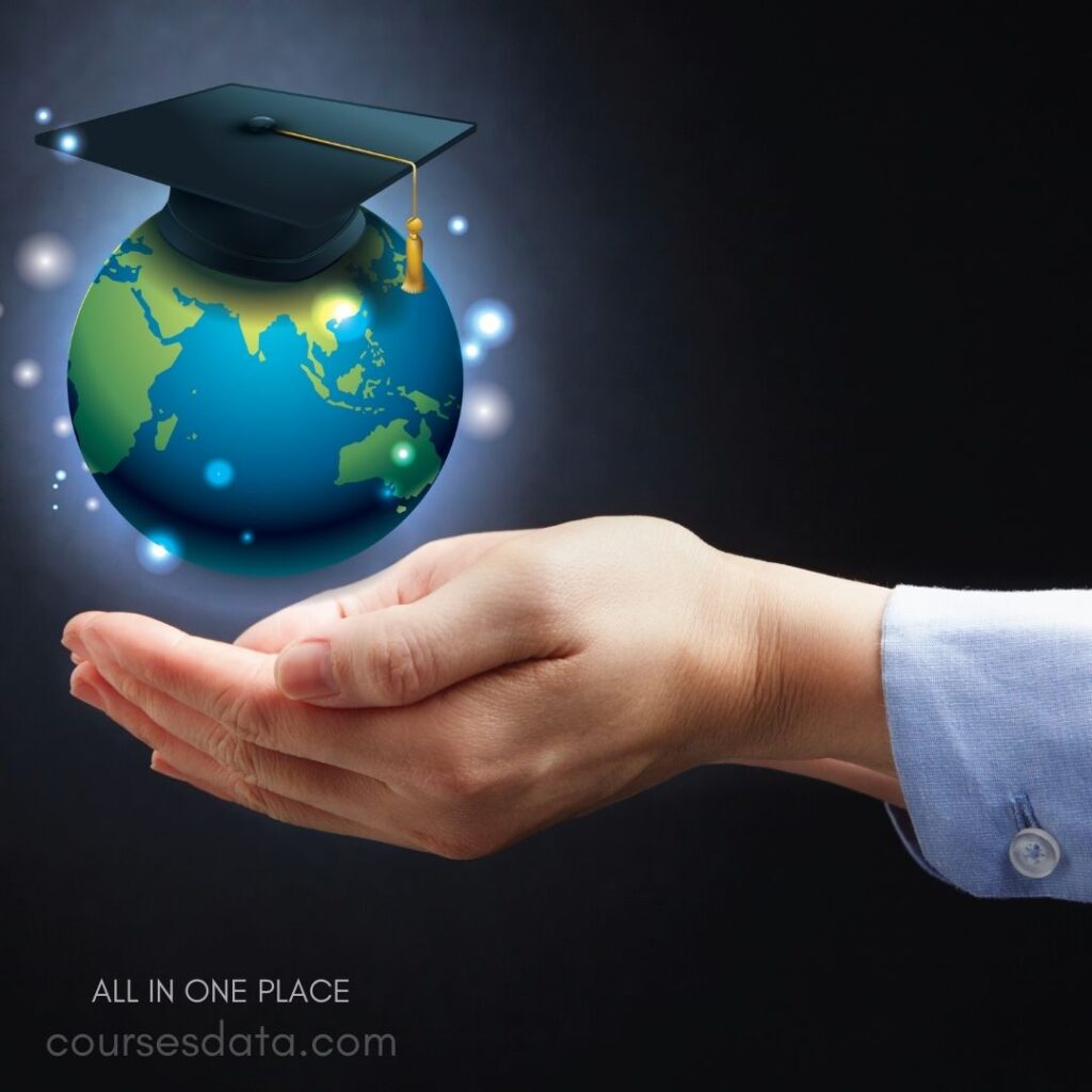 Hand holding globe with graduation cap.