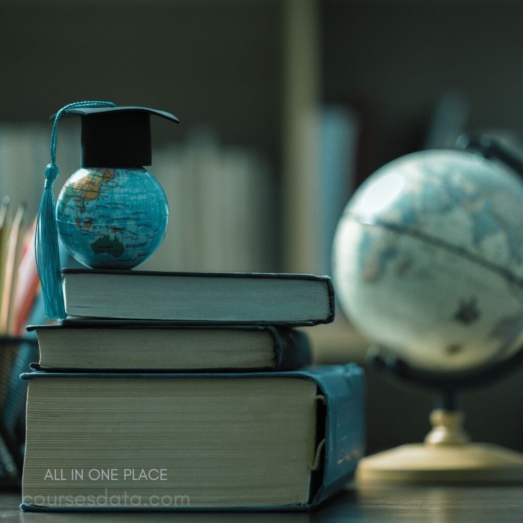 Books and globe with graduation cap.