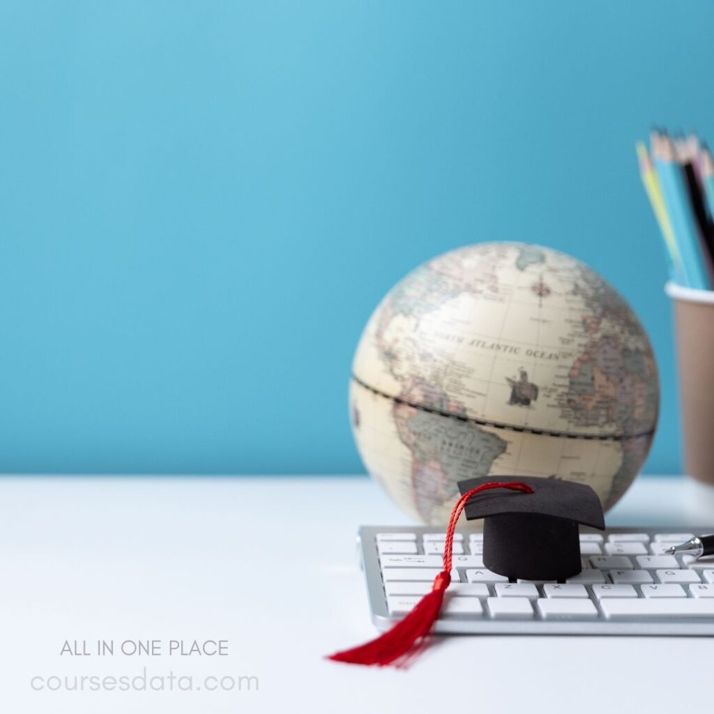 Graduation cap, globe, keyboard.