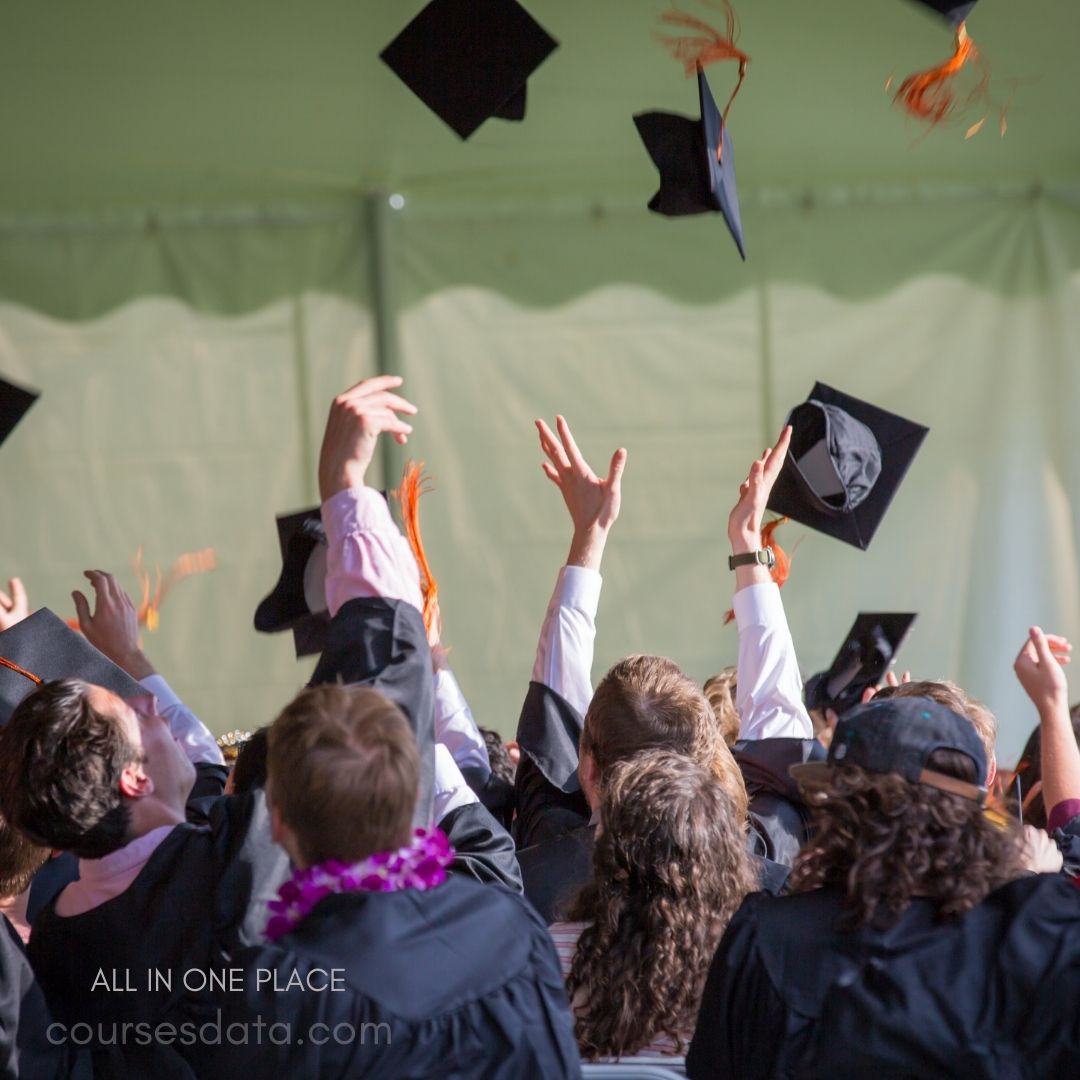 Graduates celebrating, caps in air.