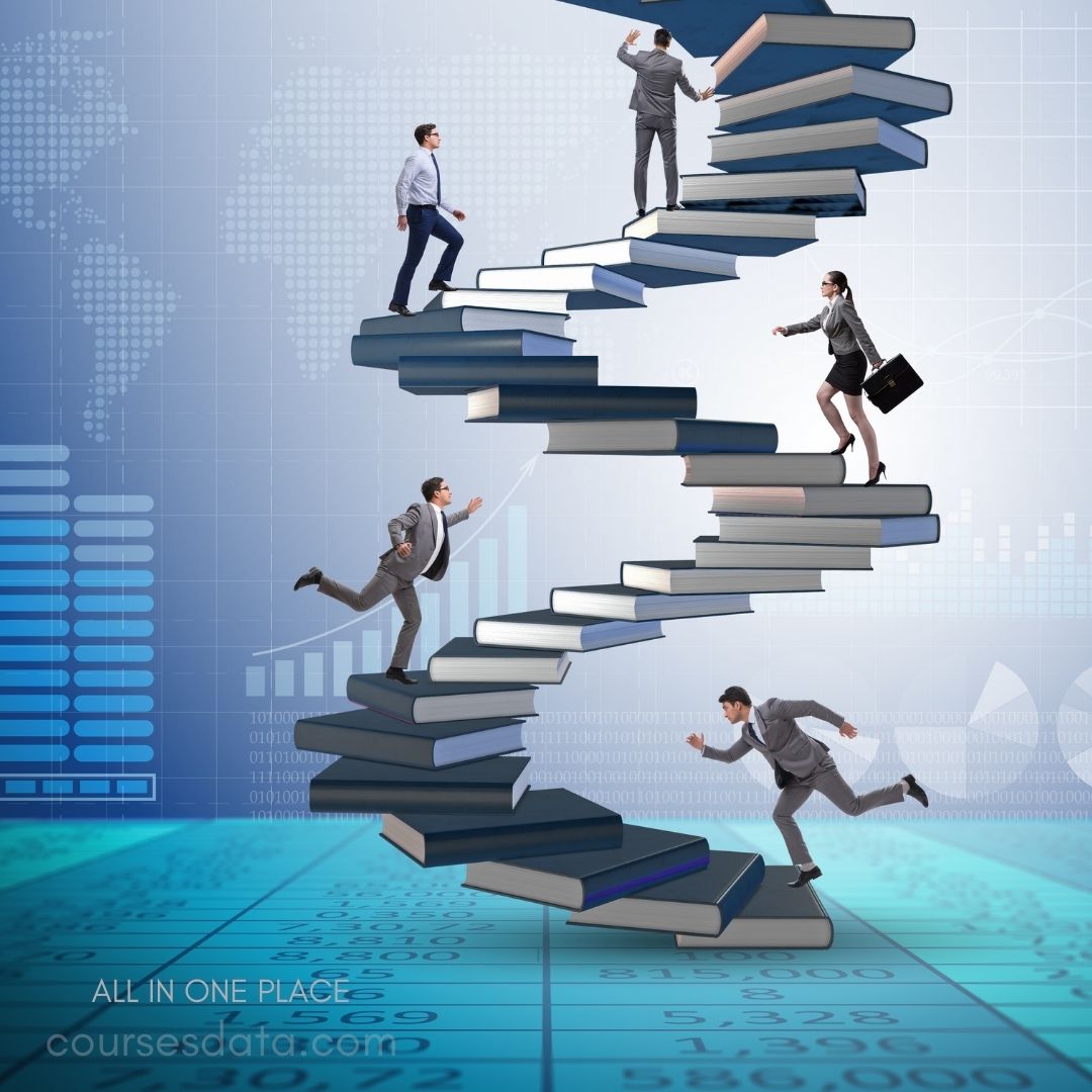 Business professionals climbing book stairs.