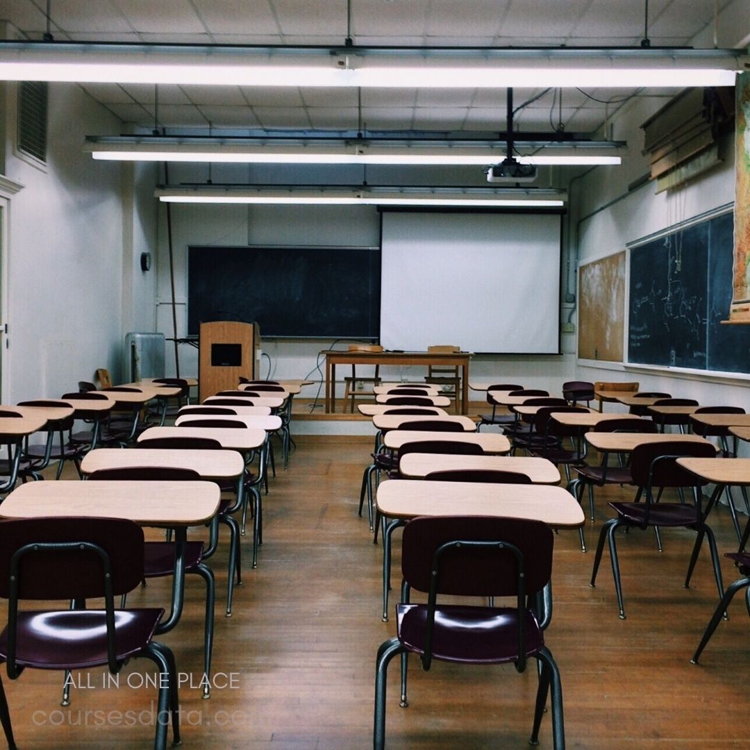 Empty classroom with wooden desks.