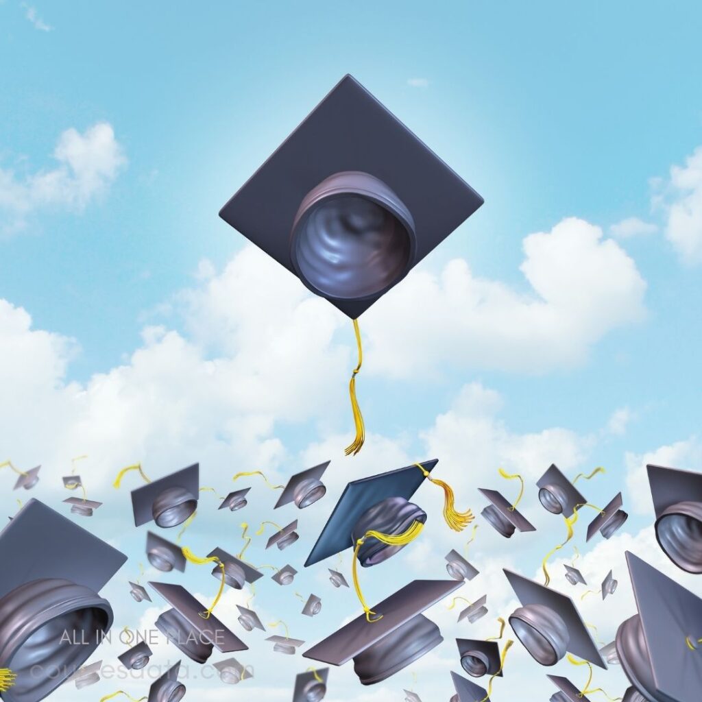 Graduation caps floating in sky.