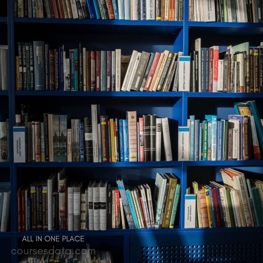 Colorful bookshelf filled with books.