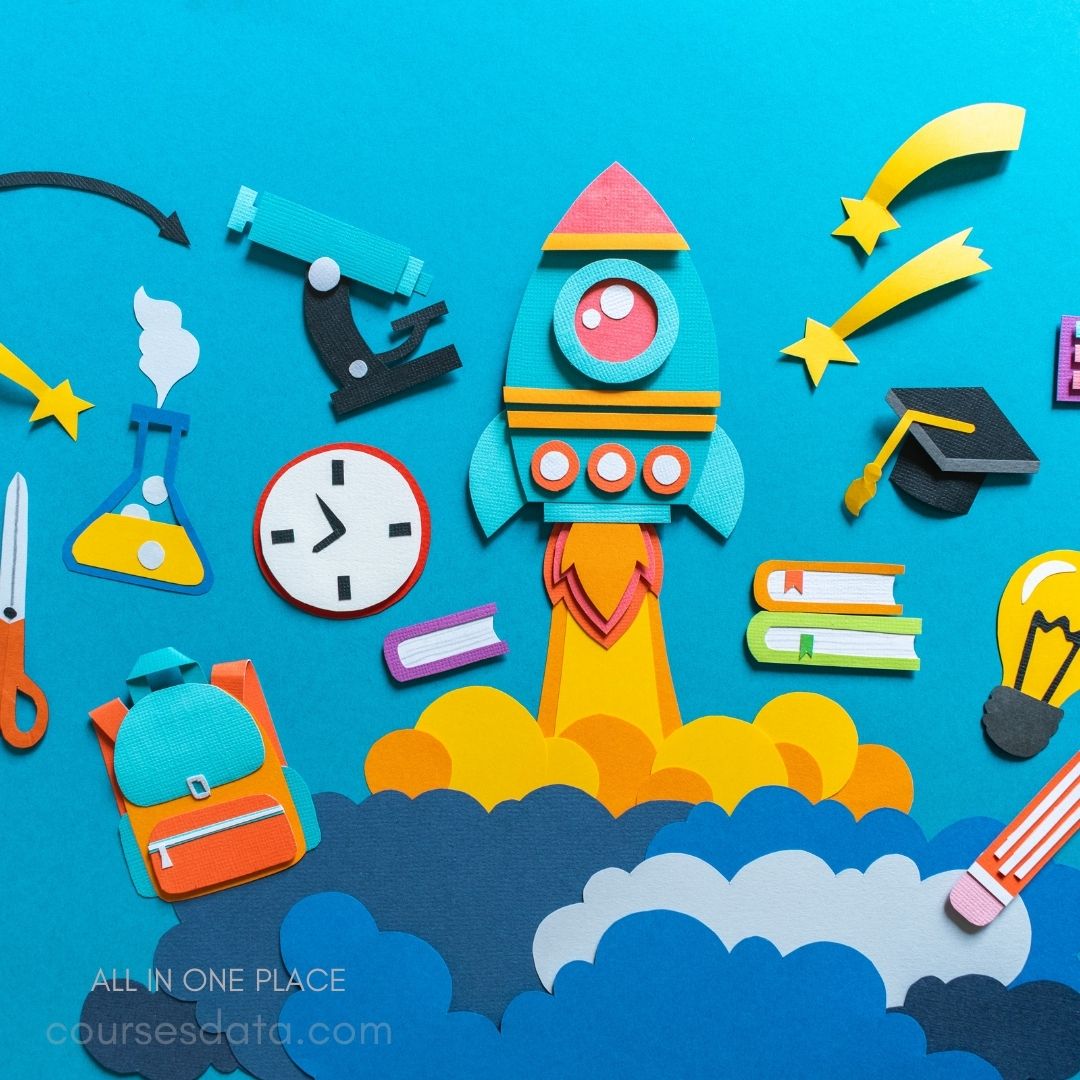 Colorful paper crafts and icons.