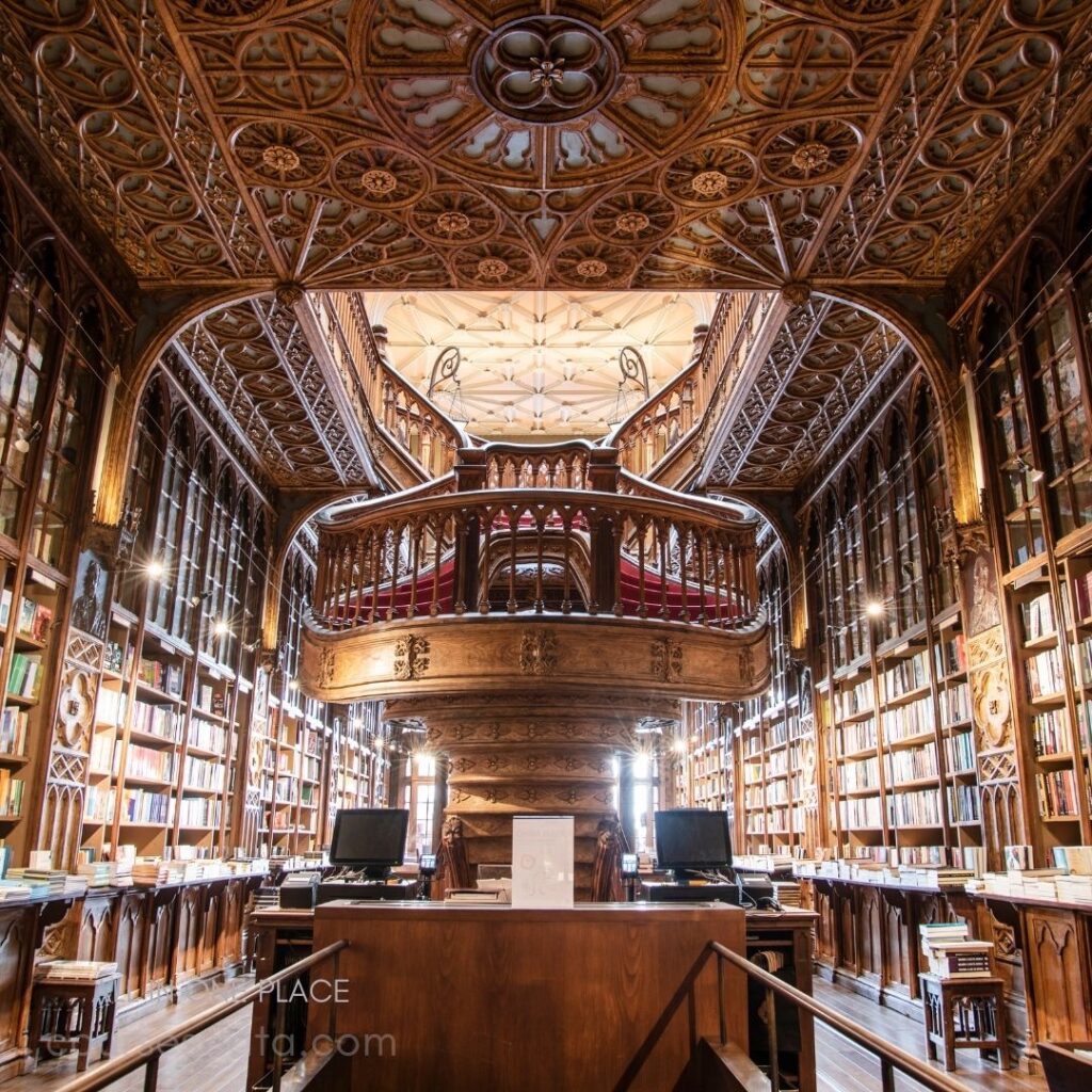 Intricate wooden library interior.