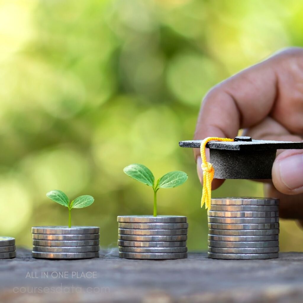 Coins supporting growing plants and graduation cap.