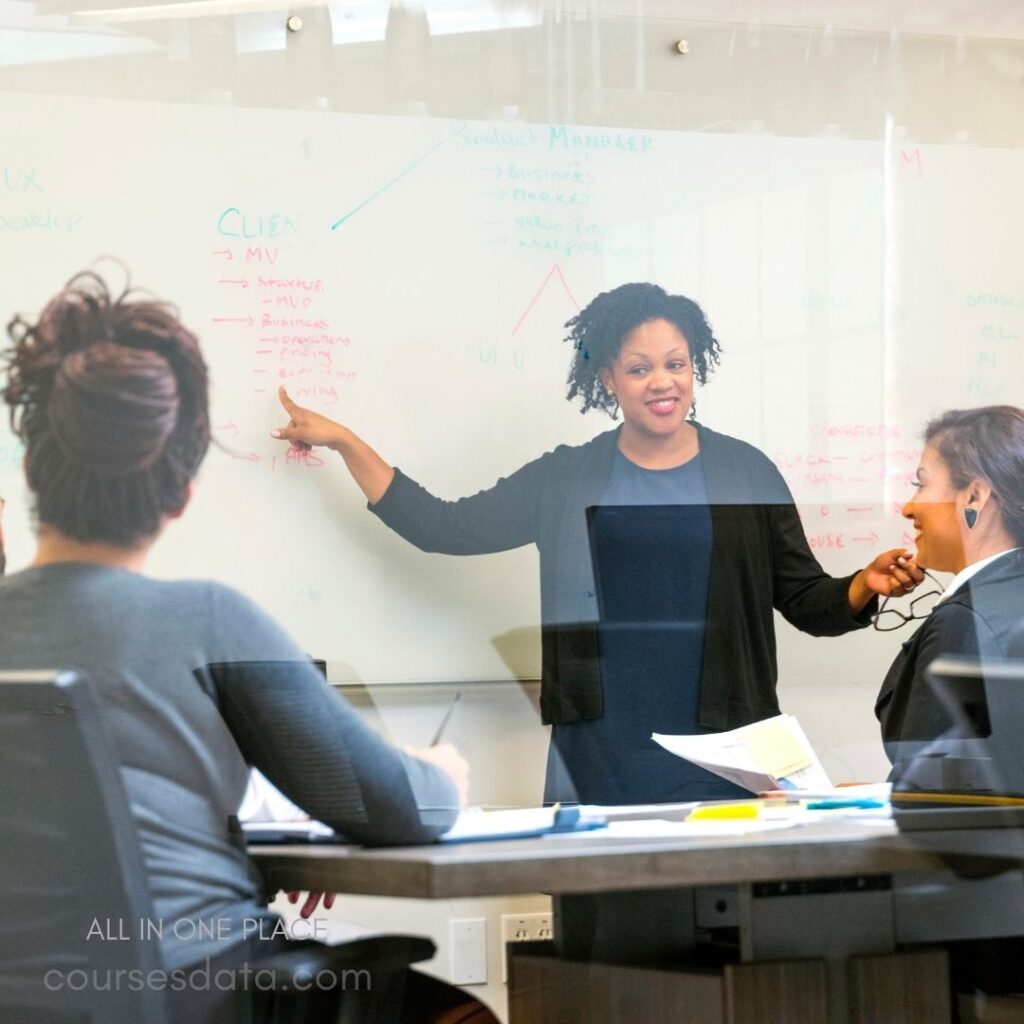 Woman presenting in meeting room.