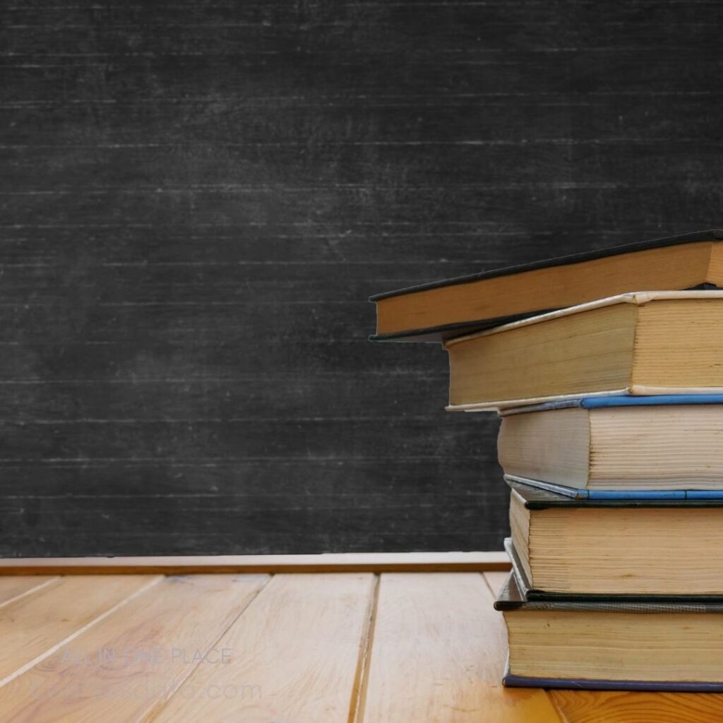 Stack of books on table.