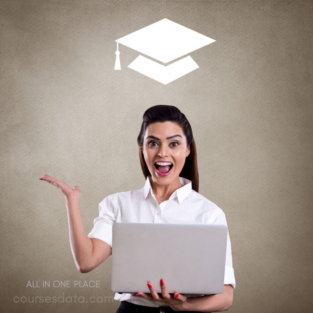 Excited woman with laptop, graduation cap.