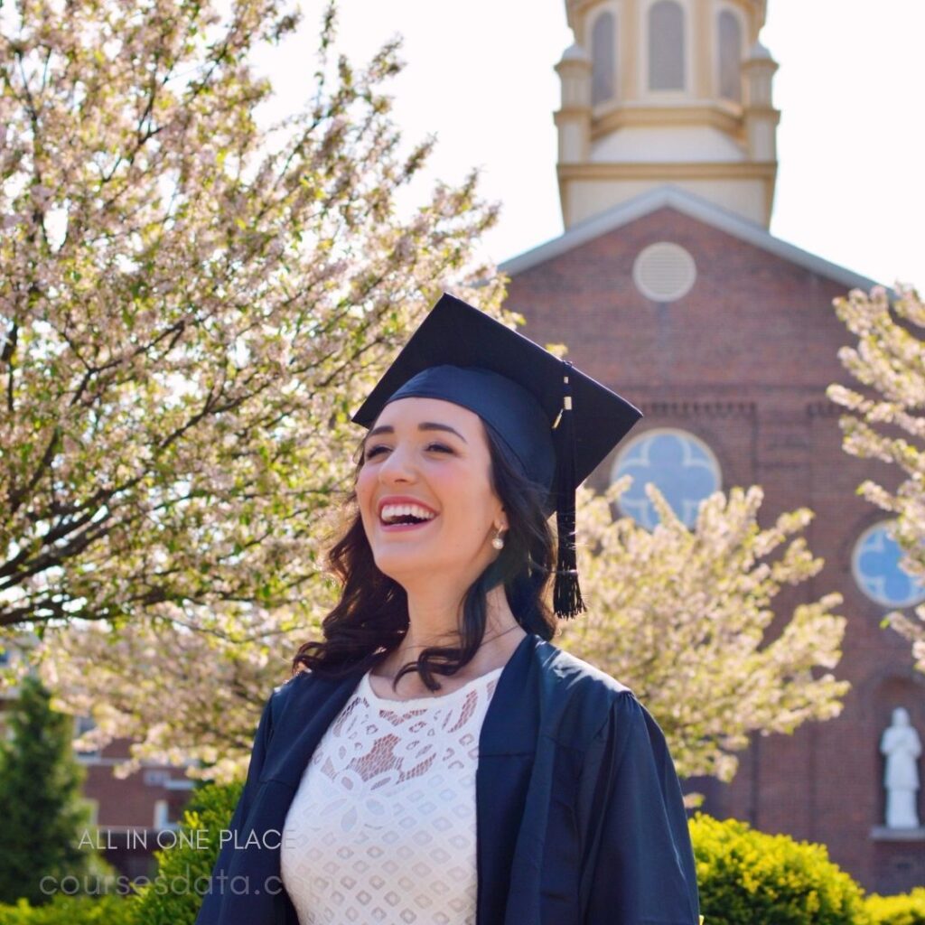 Graduation celebration under blooming trees.