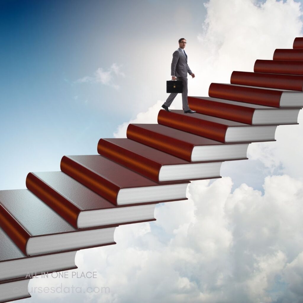 Businessman walking up book stairs.