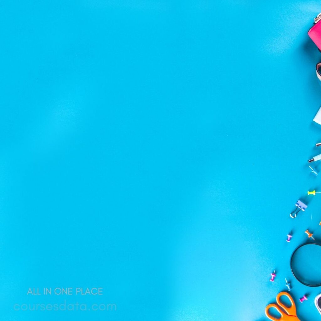 Colorful stationery on blue background.