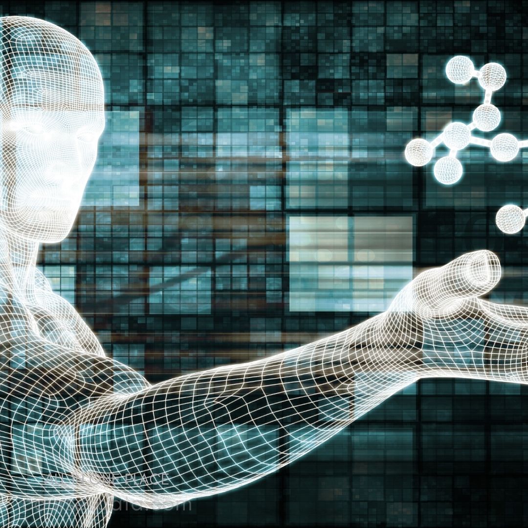 Wireframe human figure with molecules.