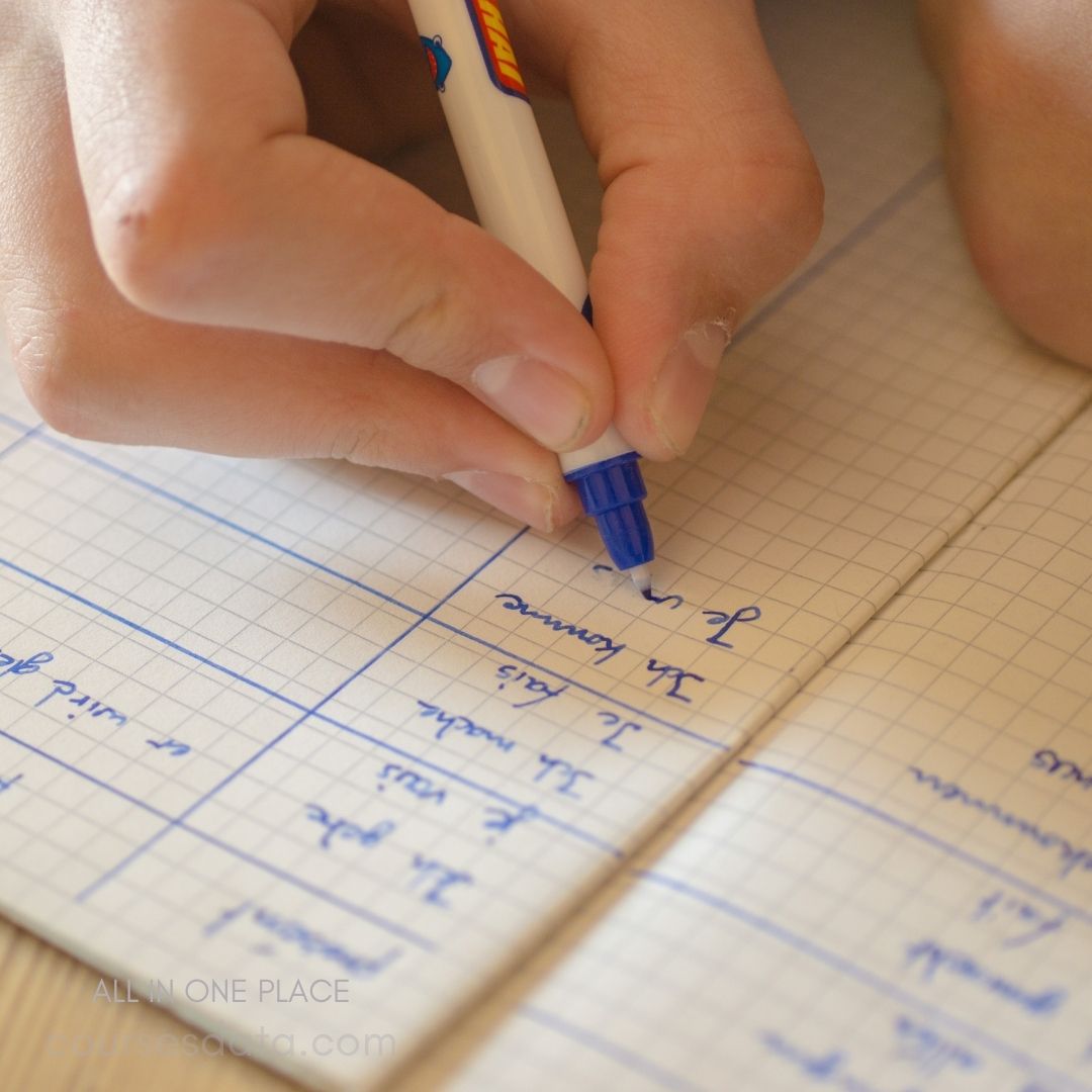 Hand writing in a notebook.