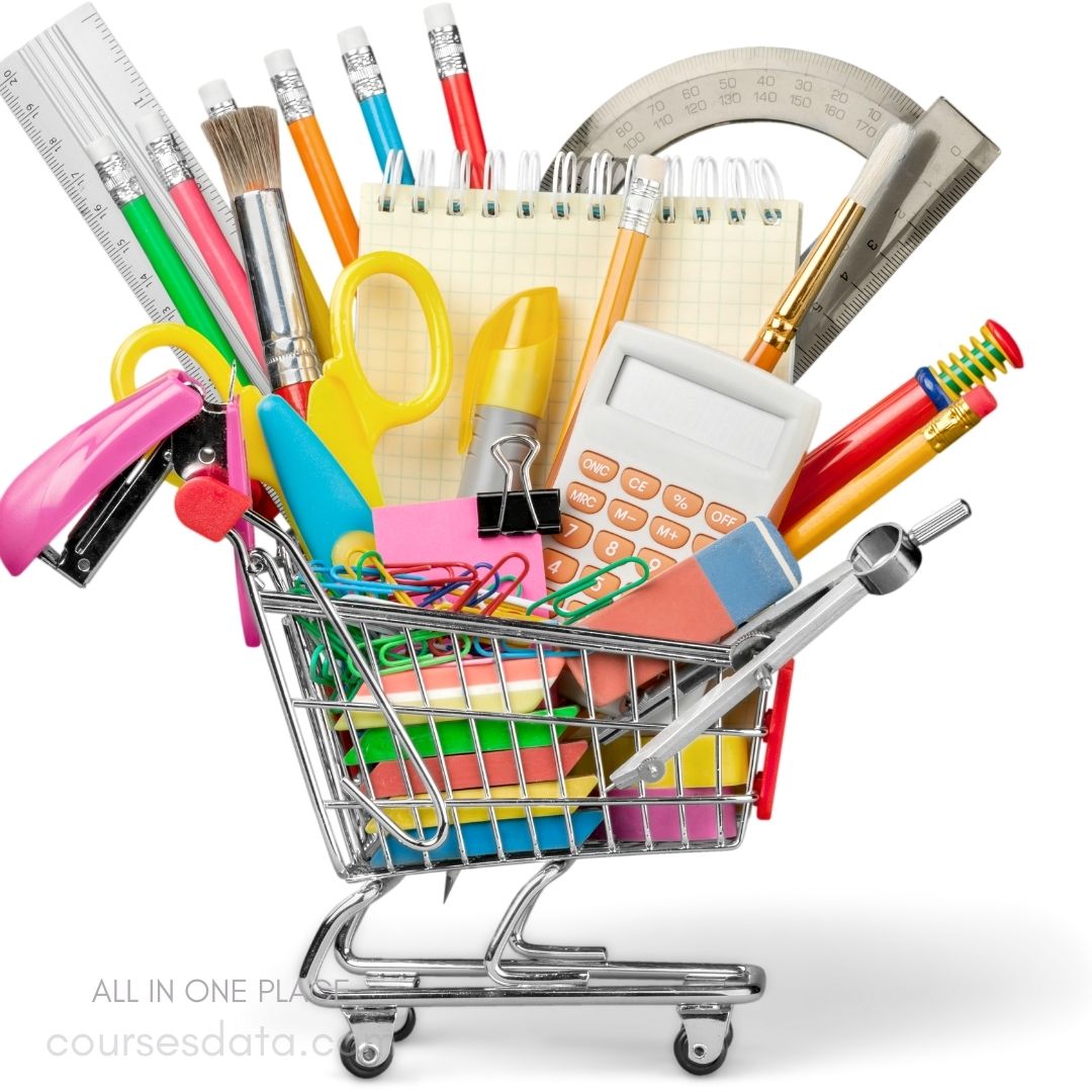 Shopping cart filled with stationery.