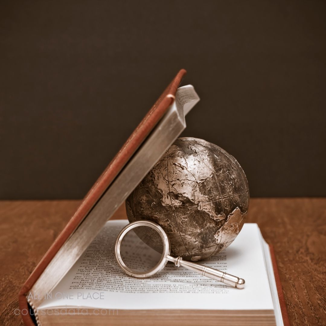 Open book with globe and magnifying glass.