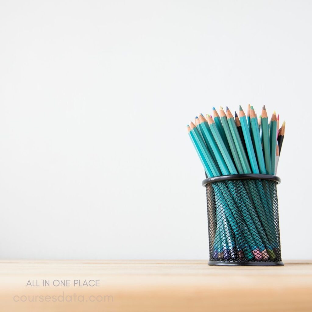 Colorful pencils in mesh holder.