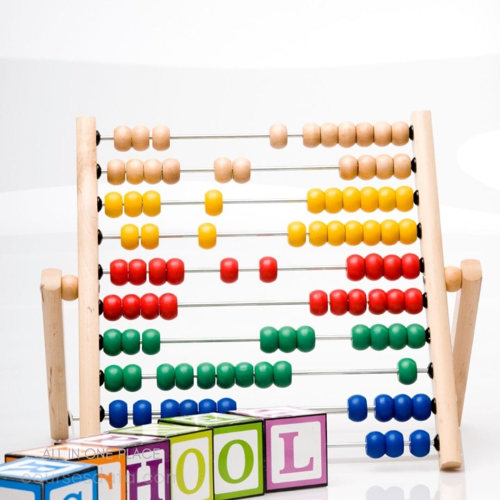 Colorful abacus and wooden blocks.