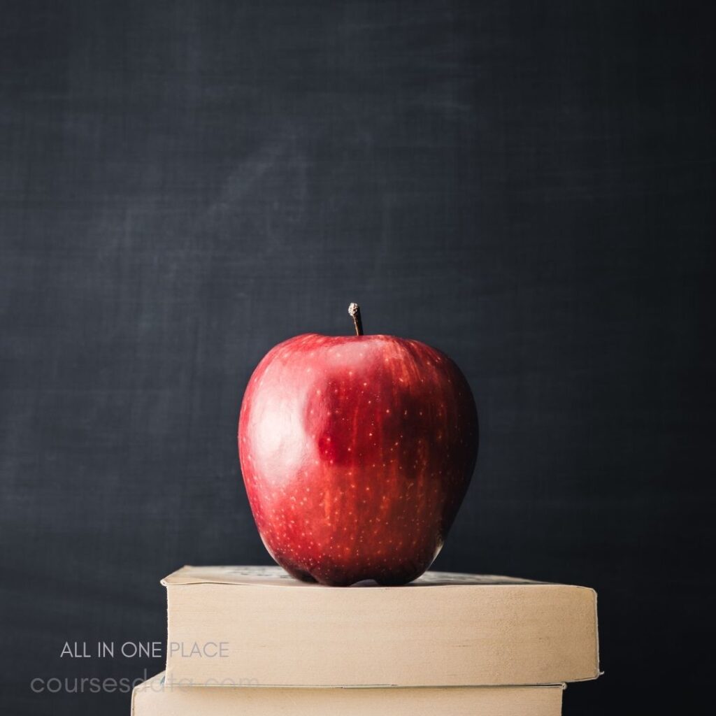 Red apple on stacked books.