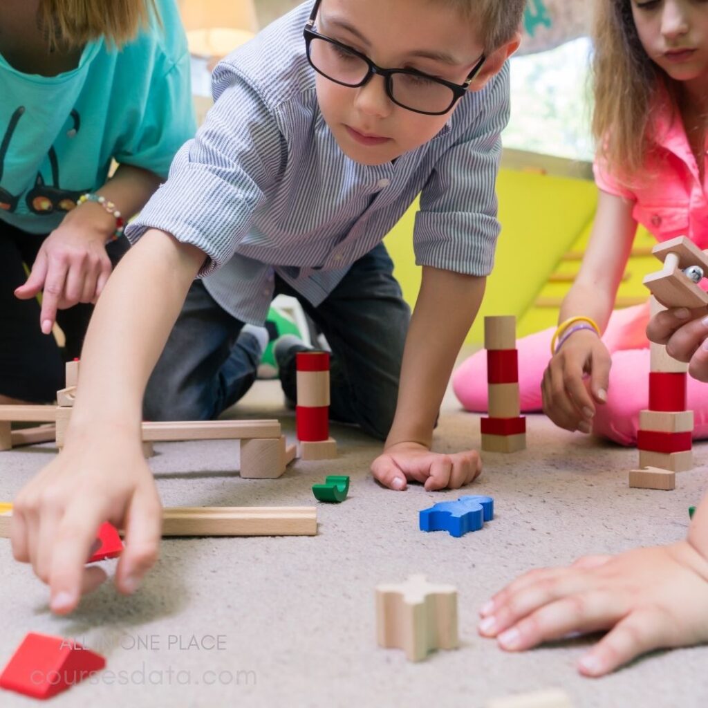 Children playing with colorful blocks.