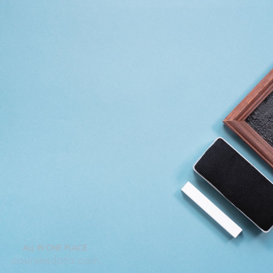 Stationery items on blue background.