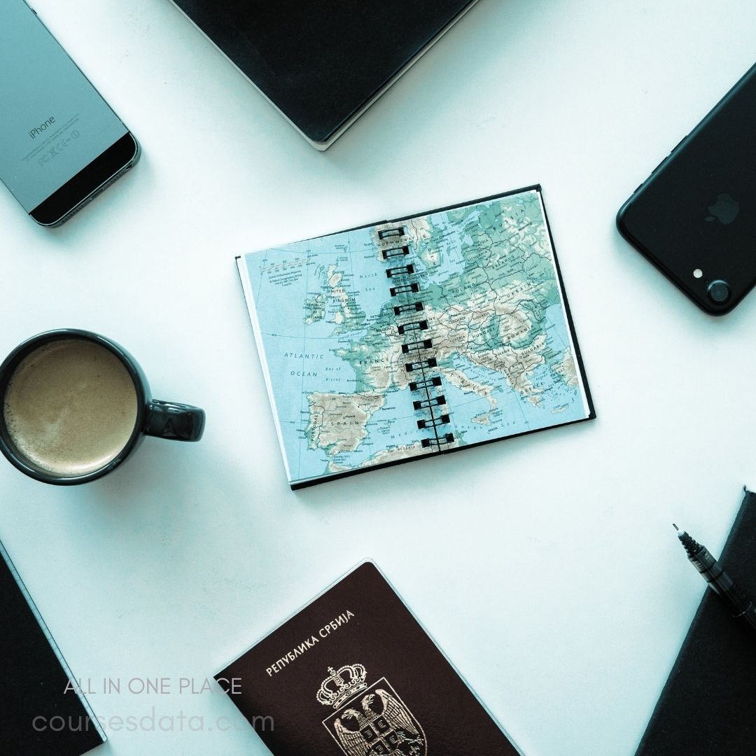 Travel essentials: map, coffee, phone.